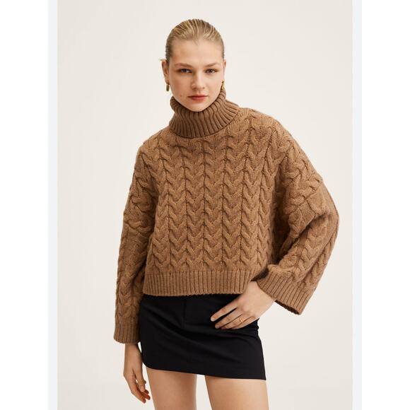 MANGO Oversized Cable Knit Turtleneck Sweater L Fisherman Cabincore Boho chic - Picture 1 of 8